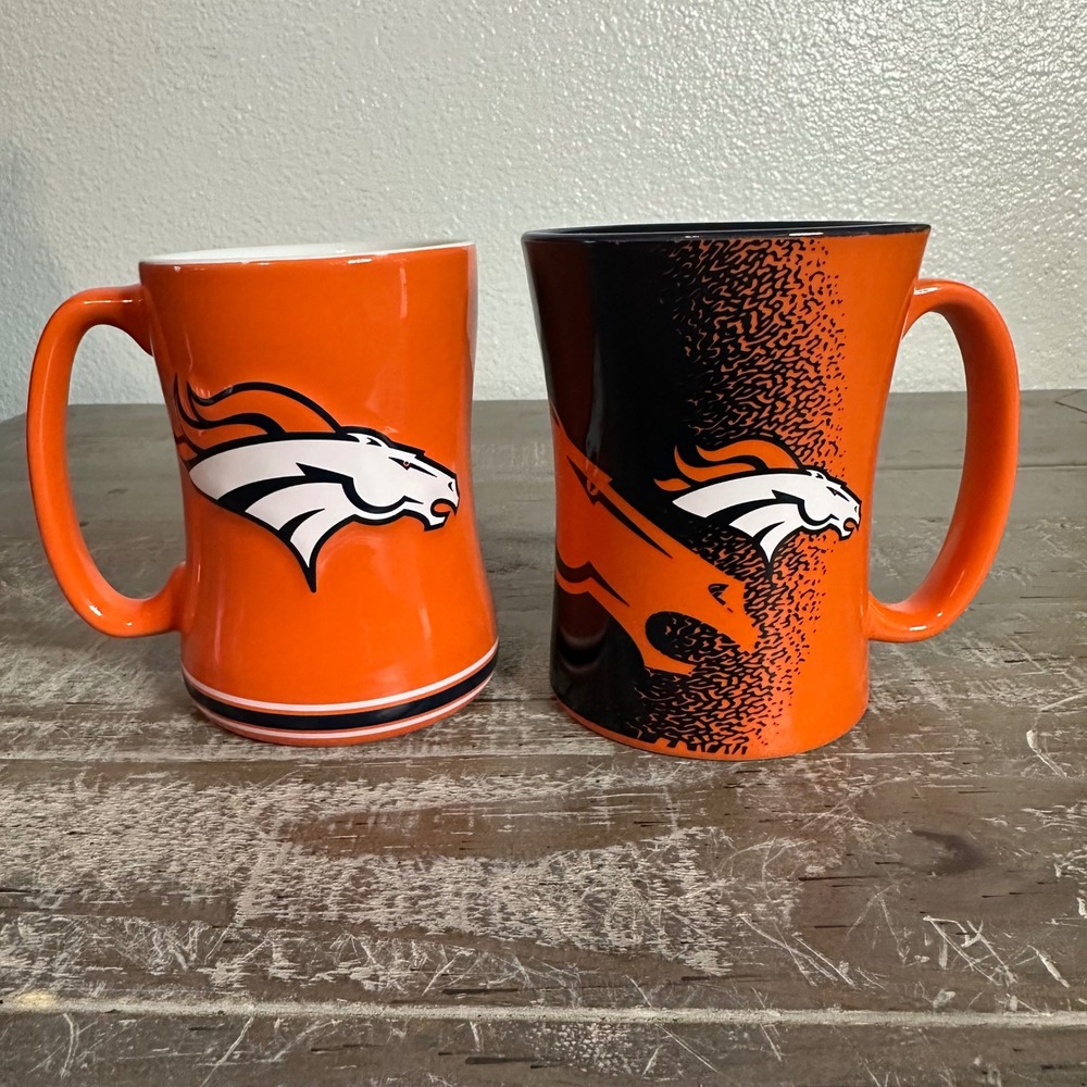Boelter Denver Broncos Mugs Set of 2 Orange Black NFL Ceramic Sculpted Fan Gear